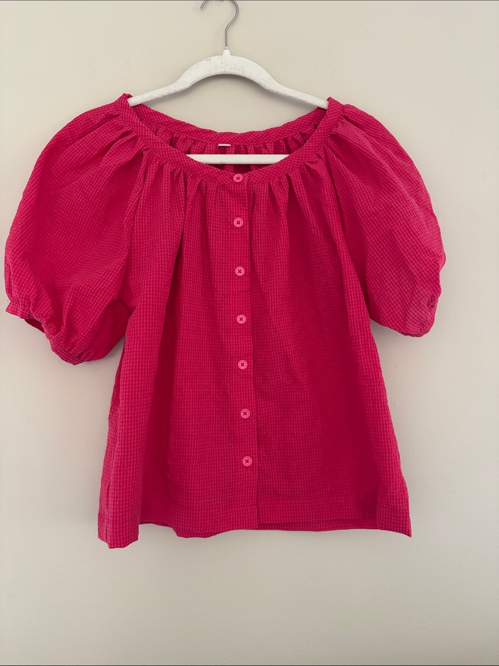 Tanming Red Plaid Puff Short Sleeve Shirt Button Down XS